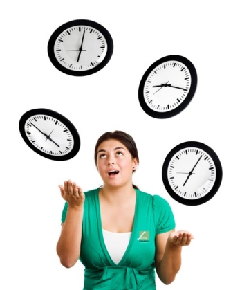 A woman juggling clocks