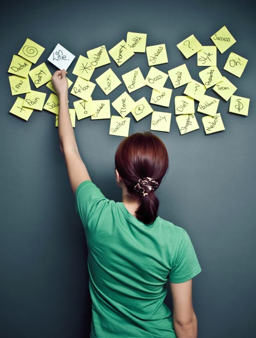 A woman placing a sticky note labeled 'Life' on a chalkboard with other sticky notes